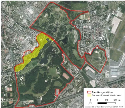 Figure 1 : localisation du secteur échantillonné au sein du parc Georges Valbon 