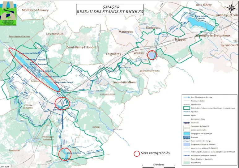 Figure 1 : réseau des étangs et des rigoles du secteur d’étude et sites cartographiés (Source : SMAGER)