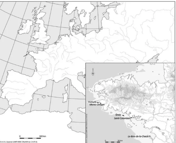 Fig. 1: Geographic location of the Lower Palaeolithic site of Menez Dregan I (CAD: L. 