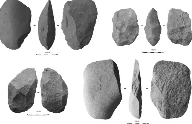 Fig. 6: Lithic industry from Menez-Dregan I, cleavers in layer 7 (Photos: R. Cheruel,  C