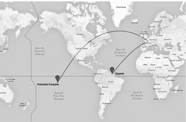 Figure 8. Position de la Guyane et de la Polynésie française (Carte obtenue grâce au service Google Maps