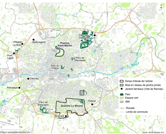 Figure 1. Espaces verts et lieux de nature cultivés dans la ville de Rennes en 2012. 1.