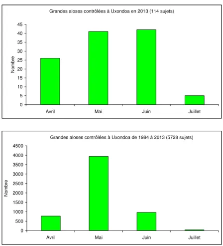 Figure 12 - Fréquences mensuelles des captures de grandes aloses au piège                  de la passe à poissons d'Uxondoa : (a), en 2013 ; (b), de 1984 à 2013