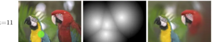 Figure 5. Example of image "reconstruction". Left, source image and current focus point; middle, blur mask; right,