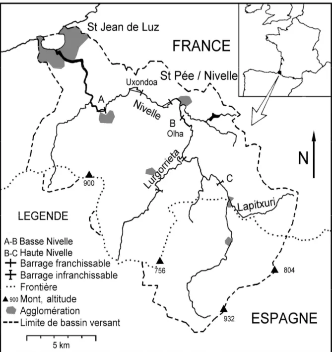 Figure 1. La Nivelle et le domaine du saumon.  Aval de A : Estuaire ; A-B : Basse Nivelle ; B-C :  Haute Nivelle ; Lurgorrieta 
