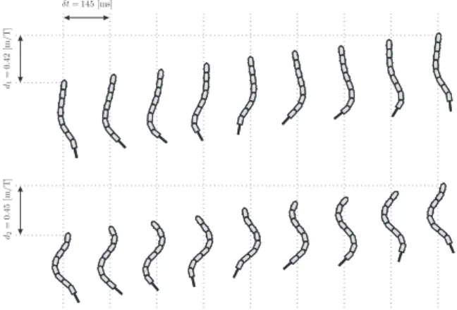 Fig. 3. Mean displacement speed for diﬀerent caudal amplitudes, from a c = 20 to 50deg, and diﬀerent head amplitude, from a h = 0 to a 100% of a c , experimental data points marked with red × ’s, surface obtained as a linear interpolation of experimental d