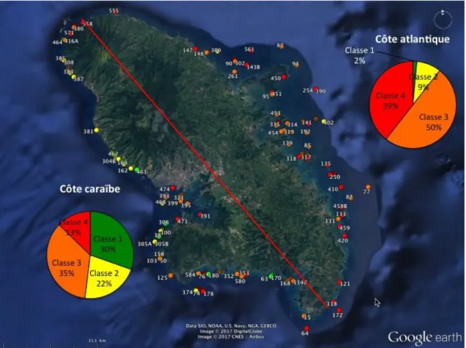 Figure 5 : Distribution de l’état de santé des communautés coralliennes sur les côtes caraïbes et  atlantiques de la Martinique