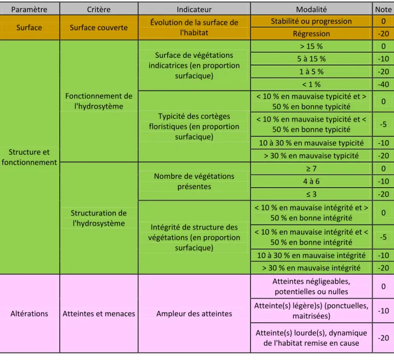 Figure 12 - Grille d’analyse pour l’évaluation de l’état de conservation de l’habitat 3260 à l’échelle d’un  tronçon fonctionnel 