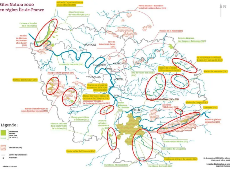 Figure 1 - Localisation des sites Natura 2000 concernés par des thématiques cours d'eau en Île-de-France  (cercles rouges) (source : DRIEE, 2015) 