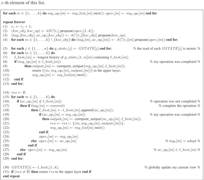 Figure 1: Basic Non-Blocking Generalized (k, 1)-Universal Construction (code for p i )
