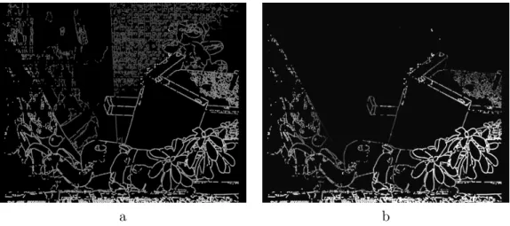 Figure 5. Visualization of contour disparities obtained for Teddy under the full range of disparities (a) and a restricted range of disparities (b)