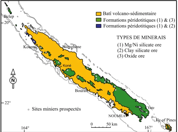 Figure 1 :  Massifs péridotitiques de Nouvelle-Calédonie et principaux types de gisement