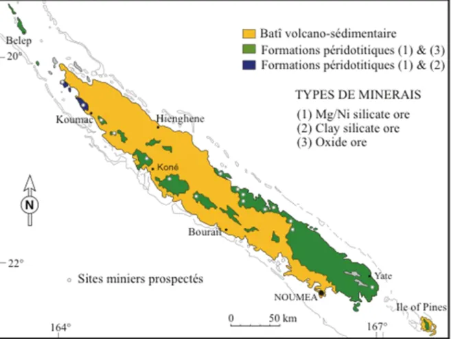 Figure 1 :  Massifs péridotitiques de Nouvelle-Calédonie et principaux types de gisements