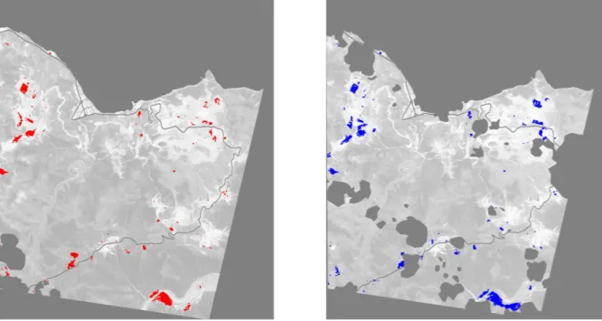 Figure 12 : Exemple de zones ayant connu entre 1999 et 2002 une très forte diminution de  leur indice de rougeur (un Indicateur d’érosion) et qui ont, en 2002, un fort indice de 