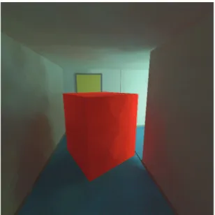 Figure 4.3  Comparaison pour la scène du couloir obstrué. Nous pouvons remarquer que sur limage (c) les contrastes sont plus marqués du fait de lutilisation du suivi de chemins