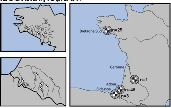 Figure  5  : Bassins de provenance des 75 individus utilisés pour la présente étude. Nombre d’individus échantillonnés indiqué par bassin (N)