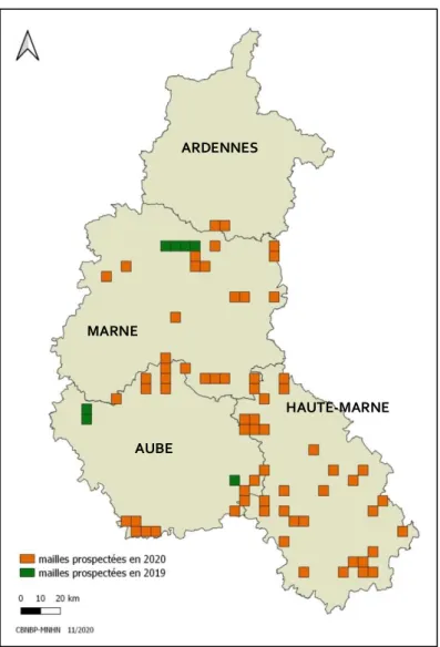 Figure 1 : Localisation des mailles prospectées AUBE 