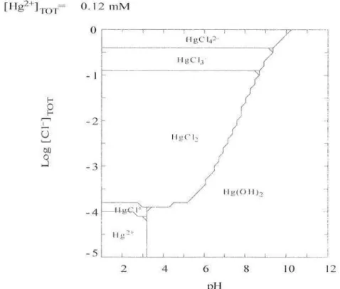 Figure III.l8 . Spéciation du mercure en fonction  de la concentration d'ions chlorure (logiciel  MEDUSA) 