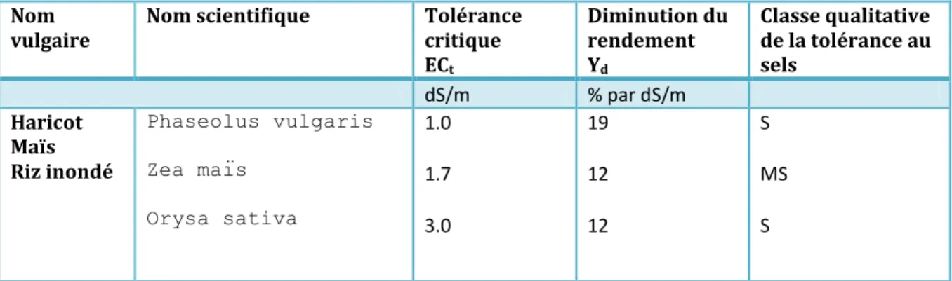 Tableau 5 .- Tolérance des trois filières aux sels 