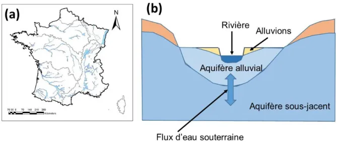Figure 6. (a) Aquifères alluviaux en France ; (b) coupe géologique simplifiée d’une aquifère alluvial ayant  des interactions avec un aquifère sous-jacent 