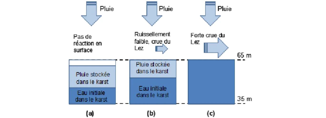 Figure 14. Schéma de fonctionnement hydrologique selon le remplissage initial du karst, exemple de  l’aquifère karstique du Lez (d’après Fleury et al