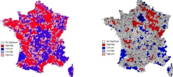 Figure n°3. Diagramme de Moran et de LISA pour les  établissements de la coopération agricole française, 2005 Ces deux cartes montrent l’existence de  clusters  de cantons présentant des  caractéristiques communes  en  termes de  schémas de  localisation d