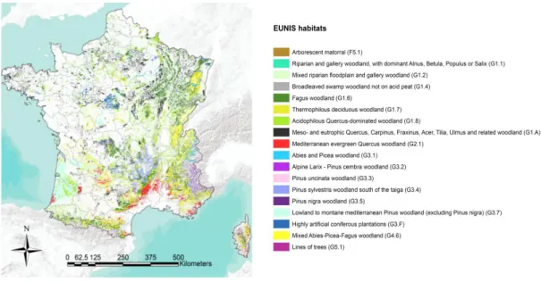 Figure 6 : Illustration des différences entre les échelles nationale et locale (sites RENECOFOR) de la classification EUNIS des écosystèmes  forestiers.