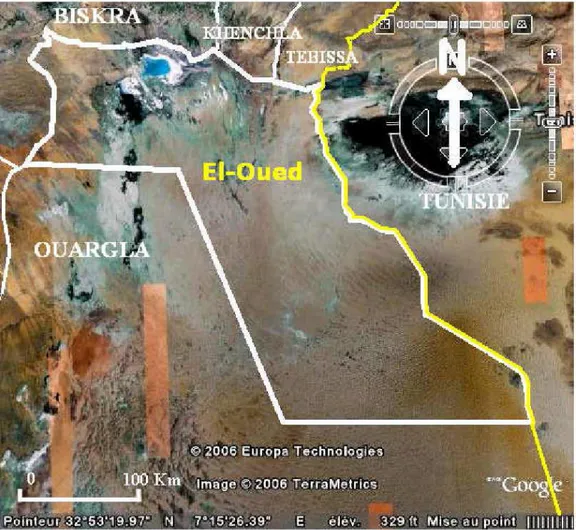 Figure 01: Carte de limite géographique d’El-Oued a  Partir de Google Erthe 