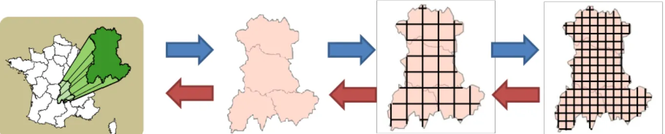 Figure 9 : Exemple de passage d’une échelle grossière à une échelle plus fine sur le territoire de la région  Auvergne 