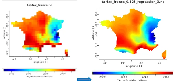 Figure  11  :  Exemple  de  downscaling  (0.250°  vs.  0.125°)  de  valeurs  de  température  maximale  par  régression linéaire avec l’altitude sur le territoire de la France 