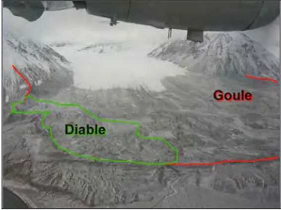 Figure 17 – La Goule, exutoire du glacier Loven Est, et le Diable, bassin intramorainique déconnecté du glacier  