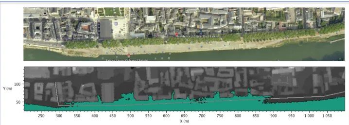 Figure   1   :   Superposition   de   la   vue   satellitaire   de   la   zone   d’étude   (Google   Earth)   avec   les   résultats   de        simulation   d’une   inondation   due   à   une   crue   centennale