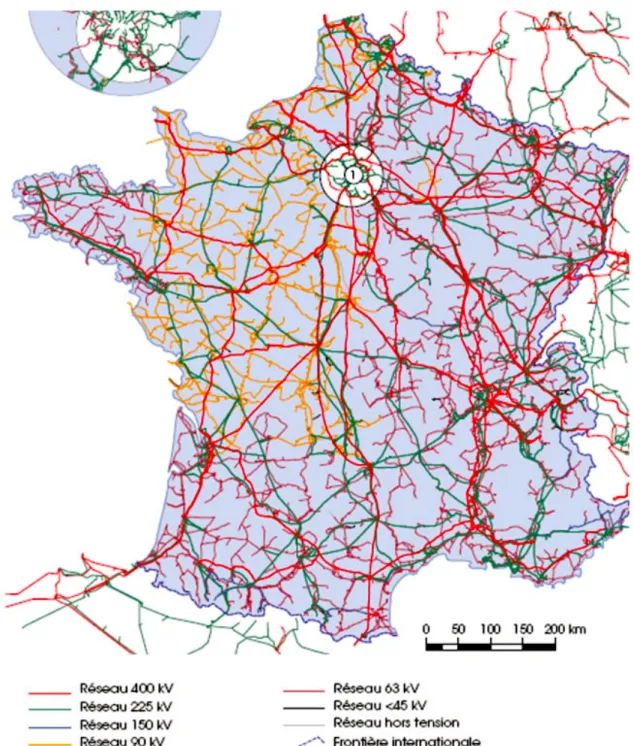 Figure 6 : Réseau de transport français en 2012 (400 kV, 225 kV, 150 kV, 90 kV, 63 kV) # 27  :  autoroutes, nationales, départementales de l’électricité