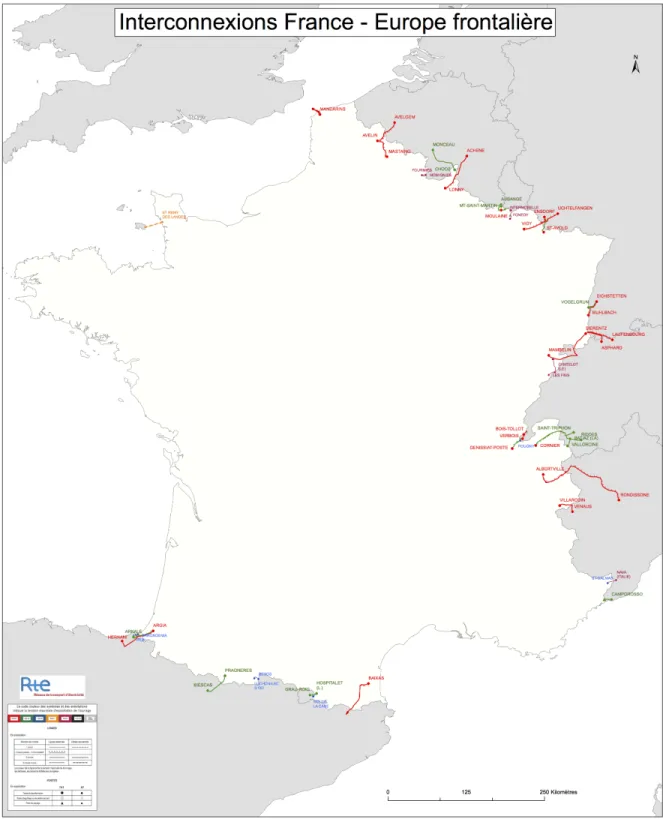 Figure 7 : Liaisons transfrontières françaises en exploitation de 63 kV à 400 kV 