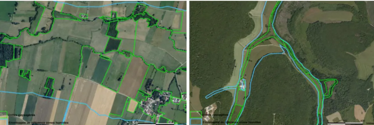 Figure 9 : Délimitation des unités paysagères de zones humides par photo-interprétation sur des secteurs de vallée alluviale  (Soumaintrain, 10) et de têtes de bassin (Vivey, 52)