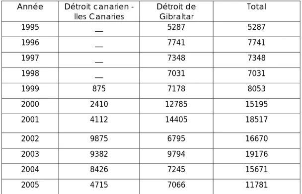 Tableau 5 : Nombre d’interpellations suivies de détention entre 1995 et 2005  Année  Détroit canarien - 