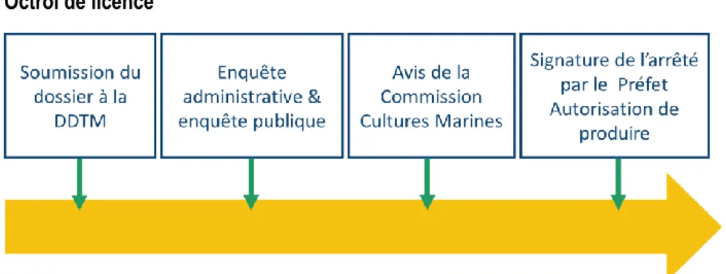 Figure 3 : Schéma de la procédure d’obtention des licences de production en France  NB : DDTM – Direction Départementale des Territoires et de la Mer – services déconcentrés de l’Etat 