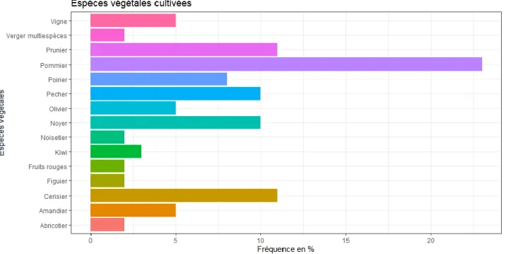 Figure 7. Pommiers, pruniers, pêchers, noyers et cerisiers sont les cinq espèces majoritaires  utilisées dans le couplage verger-élevage (24 réponses) 