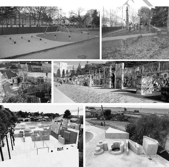 Figure 1. De haut en bas, exemples d’espace dédié à Rennes et de parkour-parks à Nantes et à Cherbourg  (Robin Lesné et https://www.facebook.com/TeamB.0N/, 2018) 