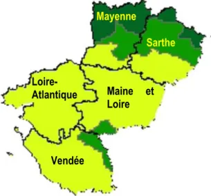 Figure 3 : Cartographie des zones climatiques définies pour le suivi de la croissance de l’herbe en Pays-de-Loire  (zone Nord : vert foncé, zone Sud : jaune ; zone intermédiaire : vert clair) 