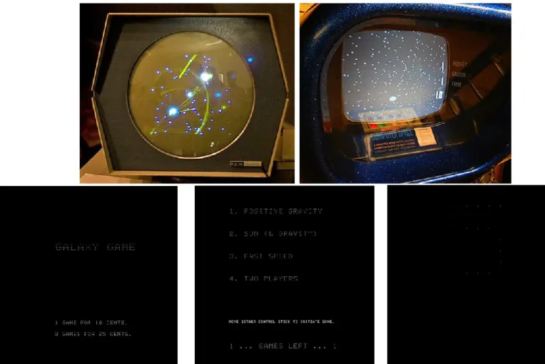 Figure 5.  Le début des machines d’arcade : Spacewar! (Steve Russel, 1962),  Computer Space (Syzygy Engineering, 1971) et  trois écrans de Galaxy Game 
