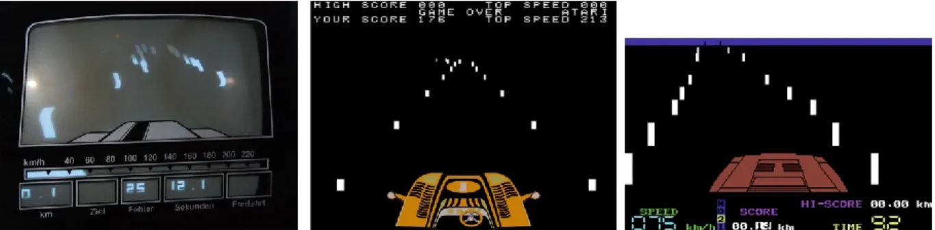 Figure 7.  Nürburgring 1 et ses copies : Nürburgring 1 (Dr. Reiner Foerst, 1975), Night  Driver (Atari, 1976) version arcade et version Commodore 64 sorties en 1982 