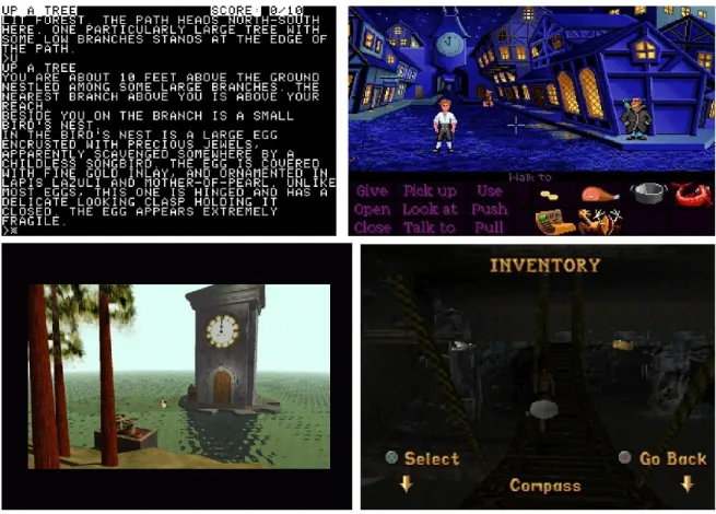 Figure 11.  Zork!  (Infocom, 1980), The Secret of Monkey Island (LucasArts, 1990),  Myst (Cyan Worlds, 1993) et Tomb Raider (Core Design, 1996)  