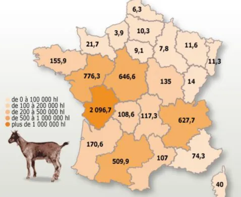 Figure  2  :  Carte  de  France  de  la  production  laitière  caprine  (Source  :  science  de  la  statistique  et  de  la  prospective  du  Ministère de l’Agriculture (enquête de décembre 2008))