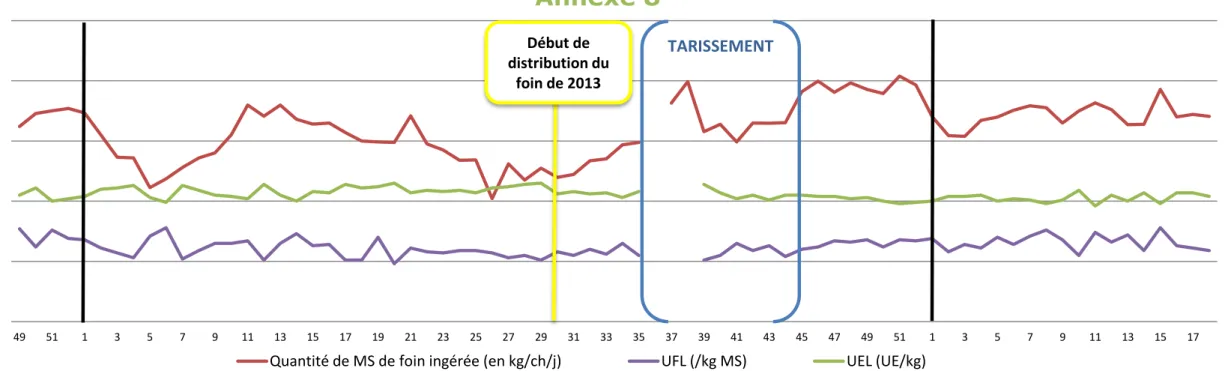 Graphique 5 : Evolution de la quantité de MS de foin ingérée avec ses valeurs en UFL et UEL en fonction des semaines