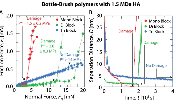 Figure 5. (A) Friction as a function of normal force for the mono, di and tri-blocks BB polymers at  100 µg/mL with 1.5 MDa HA at 1 mg/mL using the SFA