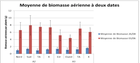 Figure 14b :  Évolution des biomasses aériennes de pois en fonction de l'exposition reçue par la culture : « Nord » ; « Sud » ; 