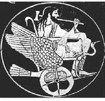 Figure 1.1 – Vase grec, 525 av. JC. Un dieu en fauteuil roulant ailé.