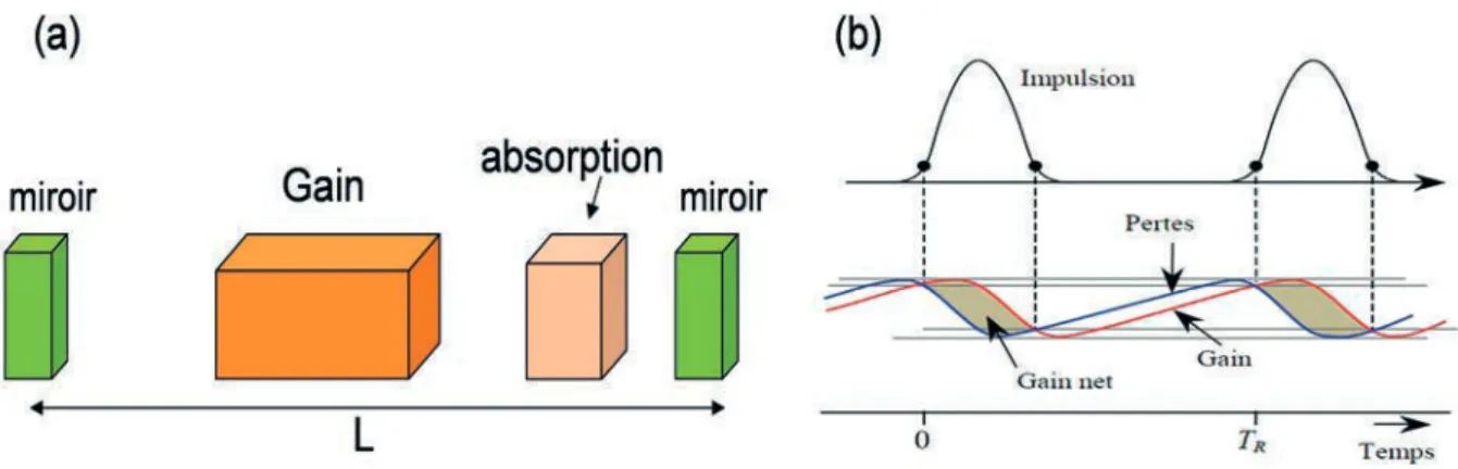 Figure 1-8 : (a) Modèle d’un laser a blocage de mode passif par absorption, (b) courbes de gain saturé,  pertes et impulsion en fonction de temps
