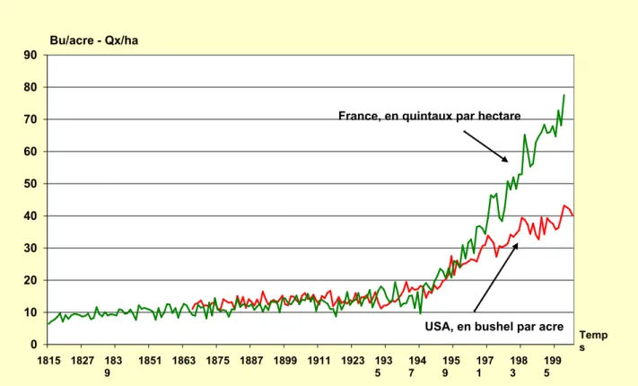 Graphique 2 – Evolution séculaire des rendements en blé aux USA et en France